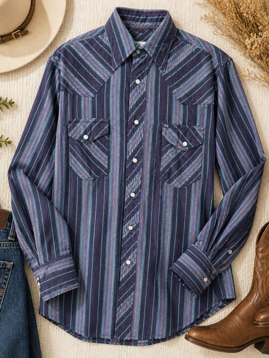 Wrangler Other - Wrangler Western Pearl Snap Shirt Blue Striped – Size Large